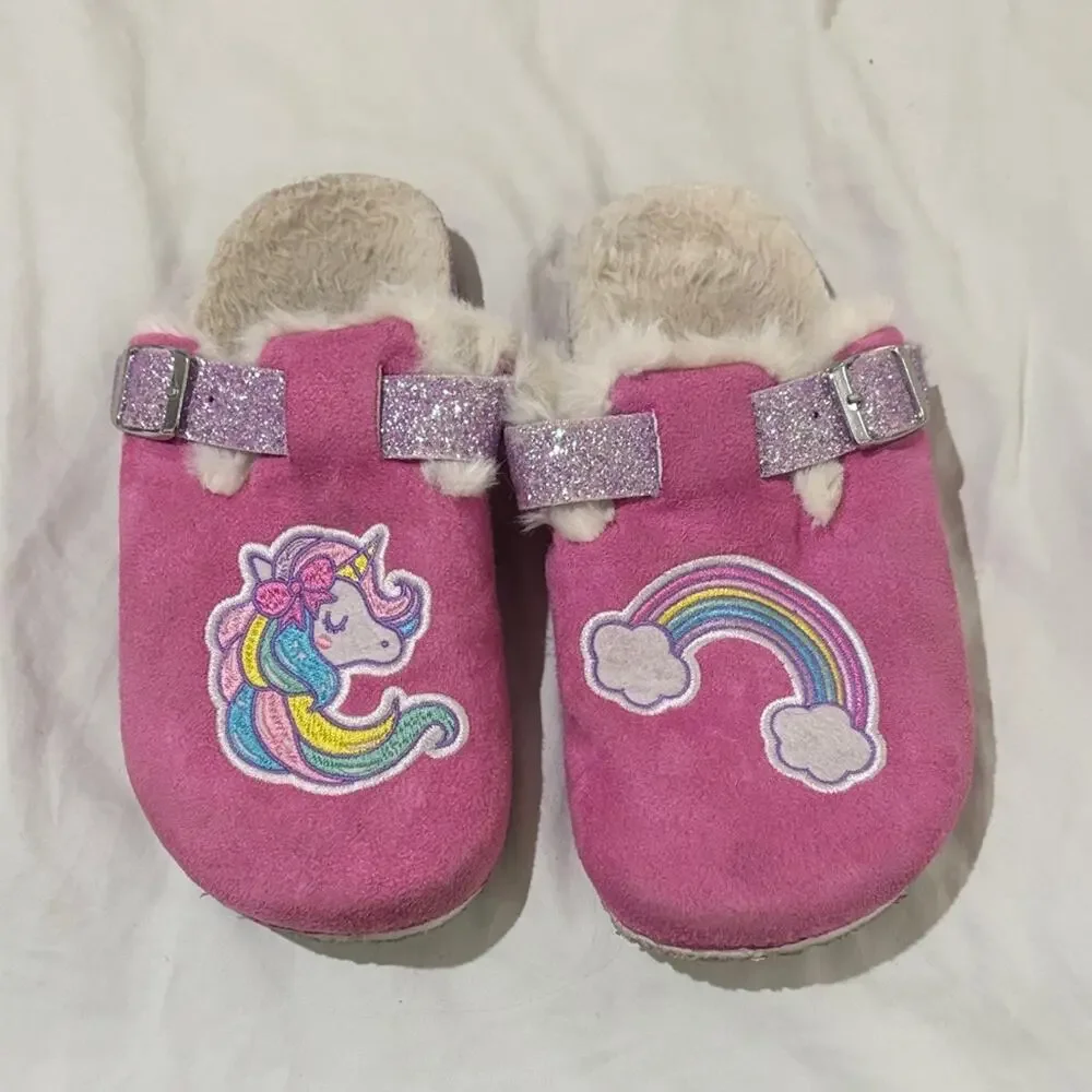 Pink Unicorn Kids 13/1 Birkenstock like slip on shoe faux pink suede guc